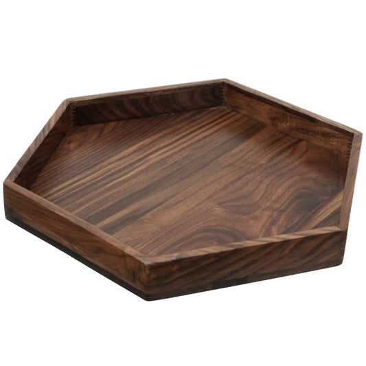 MAGIGO 12 Inches Small Hexagonal Black Walnut Wood Ottoman Tray with Handles, Serve Tea, Coffee Classic Wooden Decorative Serving Tray