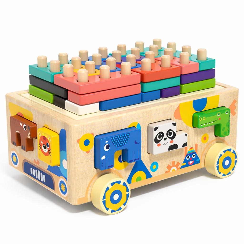 Wooden Montessori Toddler Toy Car Animal Shape Sorting & Peg Stacking Blocks Educational Learning Toy for Toddlers Ages 2-4 Fine Motor Skills Preschool Toy Wooden Shape Sorter Gift for Boys Girls