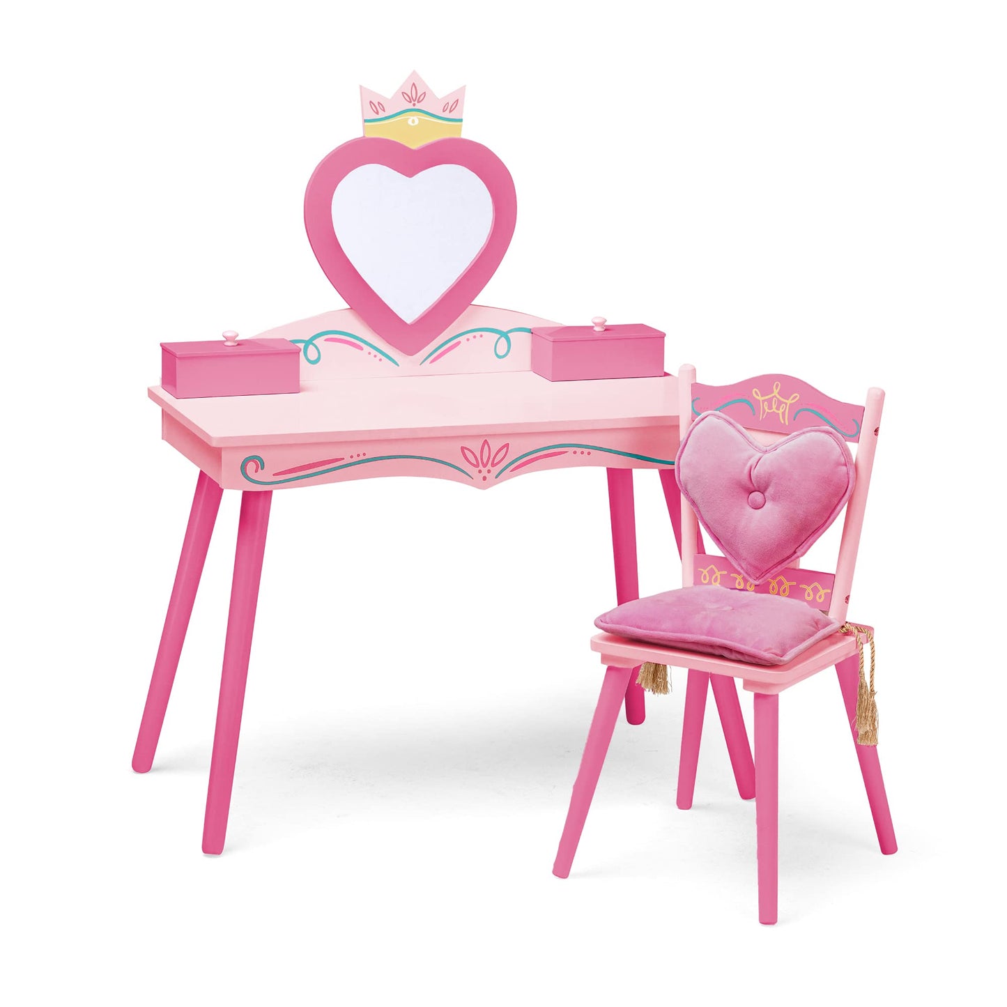 Wildkin Kids Princess Vanity & Chair Set – Wooden Vanity for Girls with Mirror, Jewelry Box & Music Box, with Removable Cushioned Chair - Pink