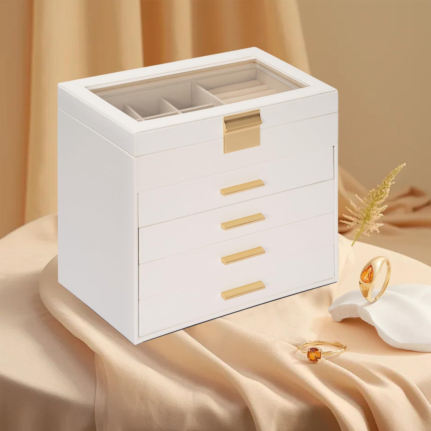 AKOZLIN 5-Tier Jewelry Box with Clear Glass Lid Functional Leather Jewelry Storage Organizer Case 4 Drawers for Women Girls Necklace Ring Bracelet Earring