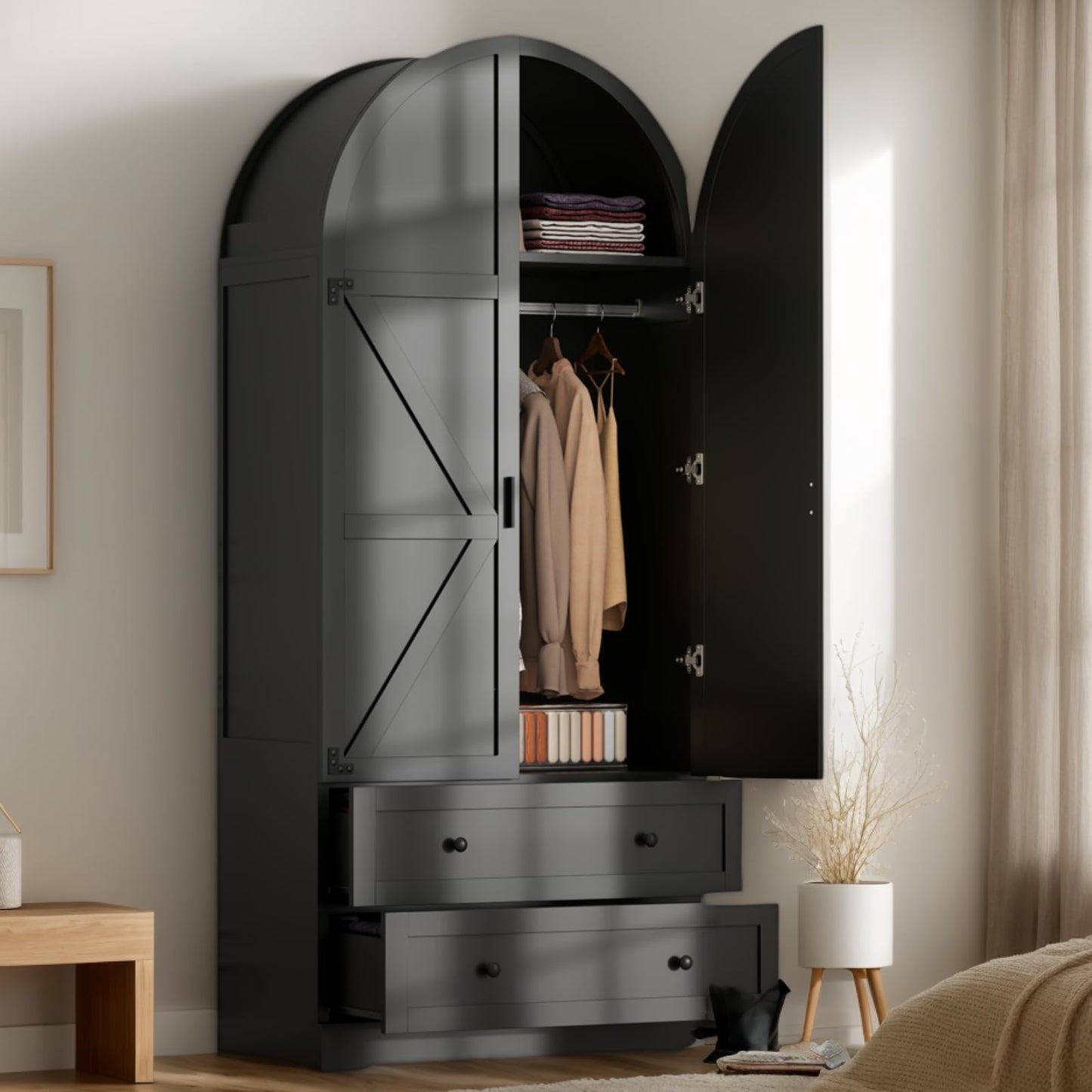 Black Armoire Wardrobe Closet,Wooden Wardrobe with 2 Doors and 2 Drawers,Bedroom Freestanding Armoire Storage Cabinet with Hanging Rack,Wardrobe Storage with with Hanging Rod for Bedroom, Cloak Room