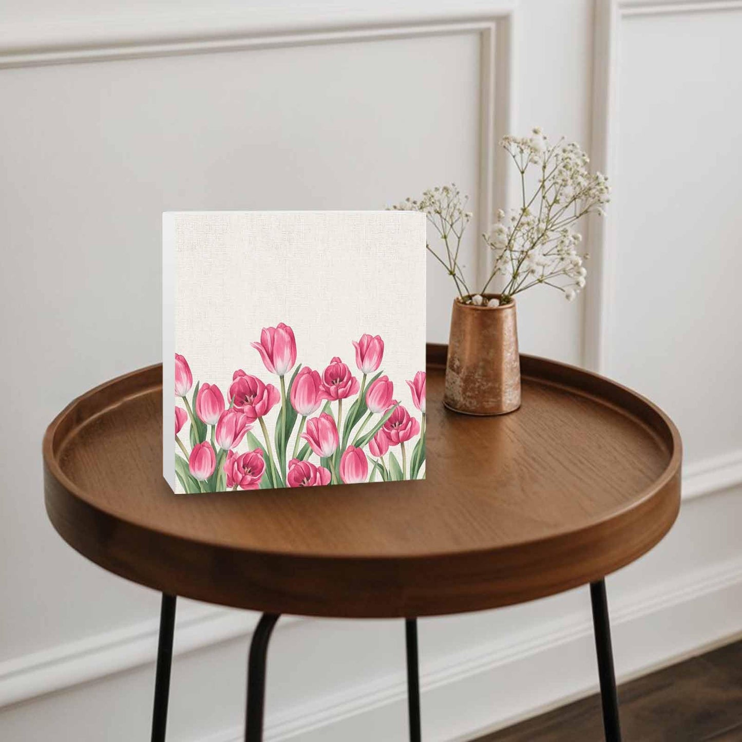 Wood Box Sign Desk Decor Rustic Spring Tulips Linen Texture Square Boxes Sign, Farmhouse Pink Flower Wooden Block Box Sign Decoration for Home Wall Tabletop Shelf Office Decor,6x6IN