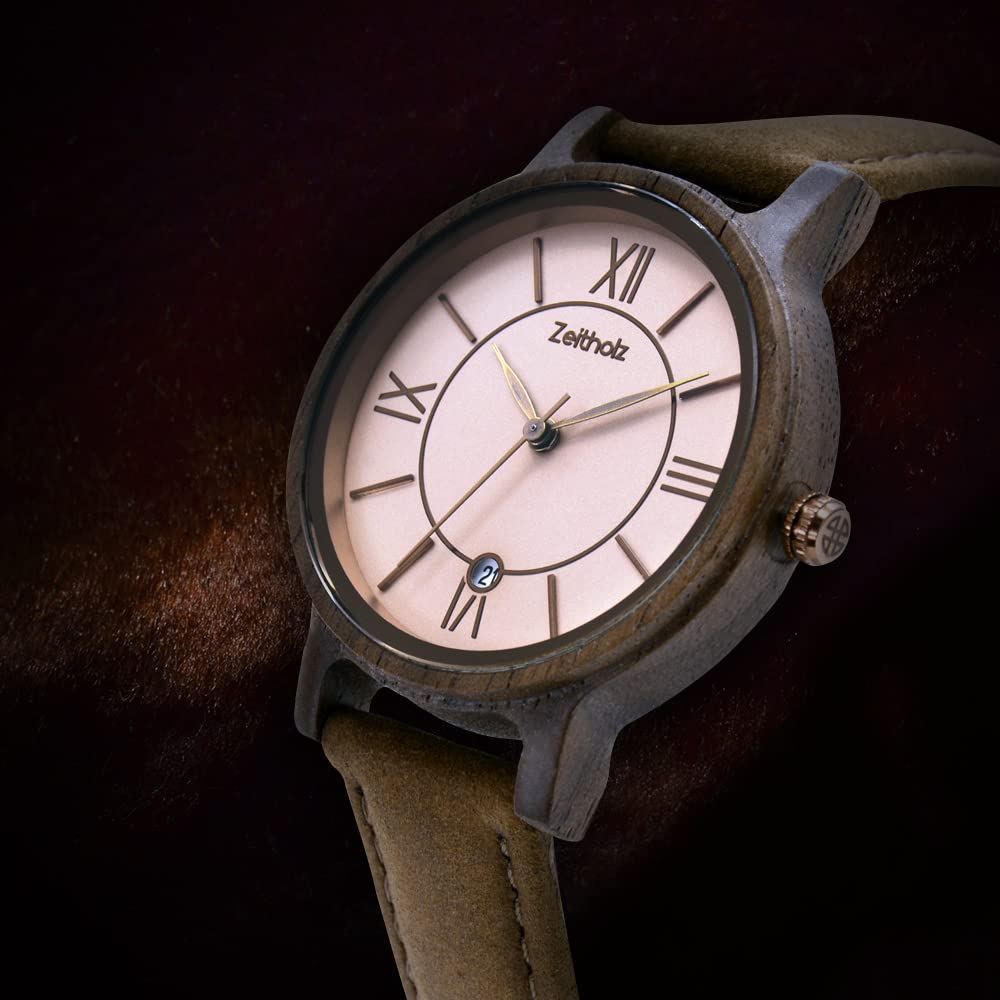Zeitholz Wooden Watch Women, Wooden Watch, Gifts, Analog Watch, Date, New Rosenbach Collection 36mm, Natural Wood, Japanese Quartz Movement, Leather Strap. (Brown)