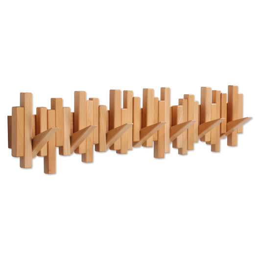 Acsigesn Wooden Coat Rack Wall Mounted Sticks Multi Rack Solid Handmade Natural Beech Wood Artwork with 7 Flip-Down Unique Modern Hooks for Coats Bag Hat Umbrella