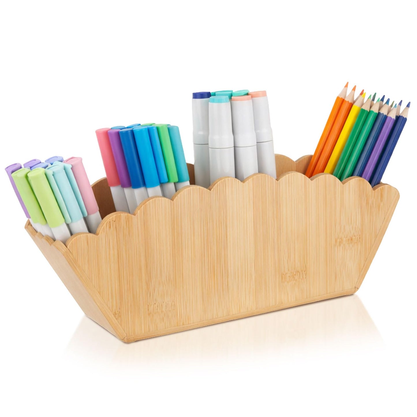 Jetec Scalloped Bamboo Wooden Pencil Holder, Desk Holder with 4 Slots for Desk Organizer Makeup Brushes Pens and Remote Storage Organizer for Office Bathroom