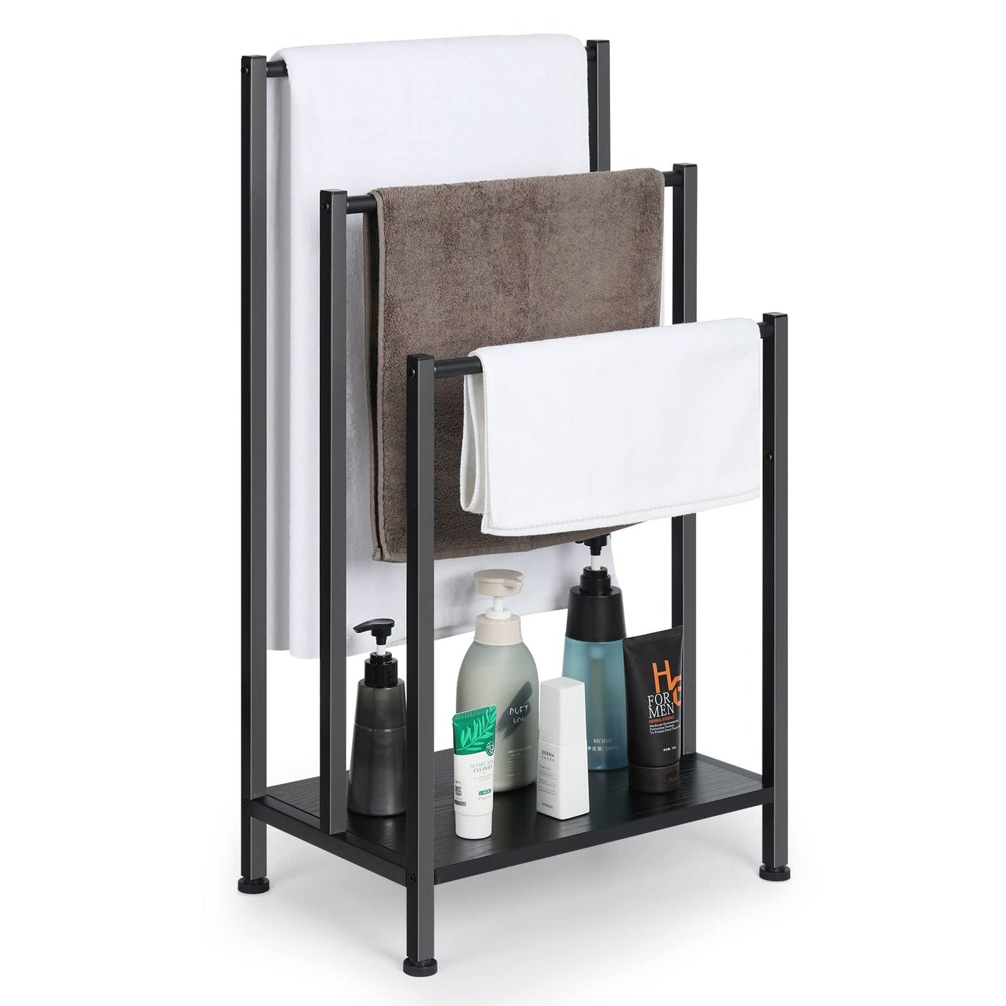 Free Standing Blanket Ladder Holder Rack, 3 Tier Black Metal Towel Racks Stand with Wooden Storage Shelf, Multipurpose Towel Drying Holder stand for Bath & Blanket, Washcloths, Tub or Shower Organizer