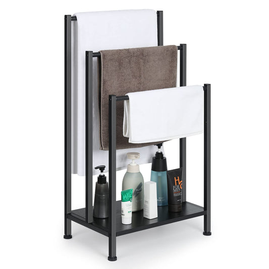 Free Standing Blanket Ladder Holder Rack, 3 Tier Black Metal Towel Racks Stand with Wooden Storage Shelf, Multipurpose Towel Drying Holder stand for Bath & Blanket, Washcloths, Tub or Shower Organizer