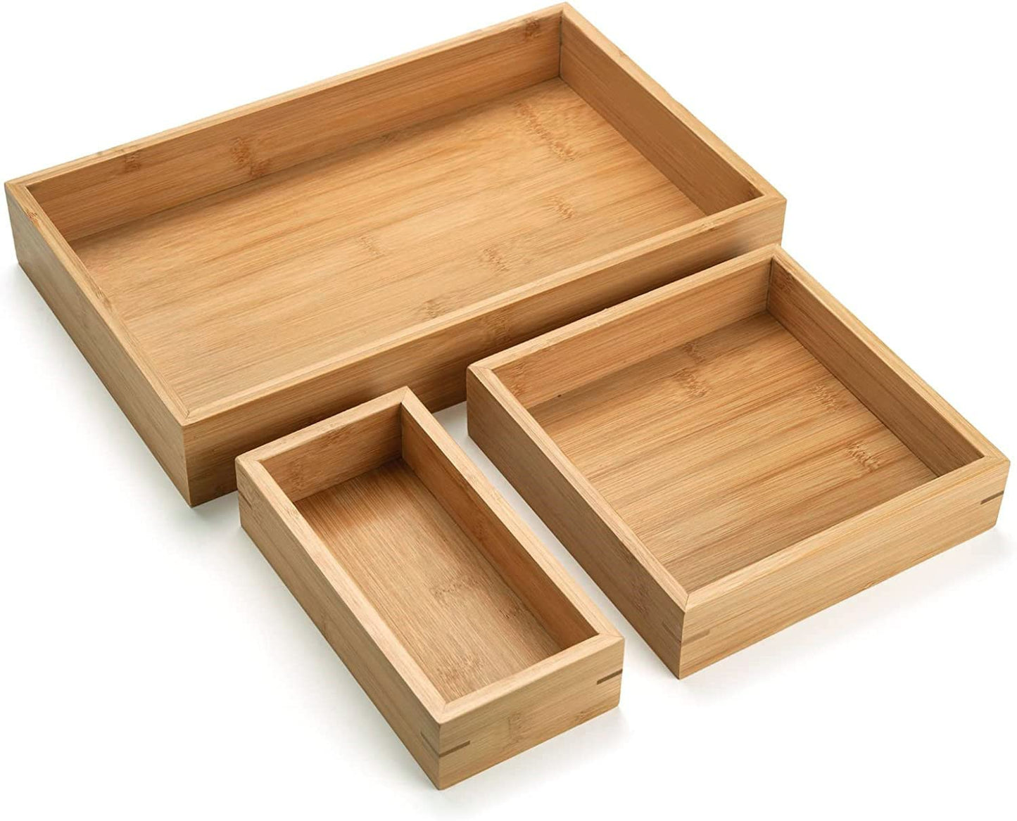 3 Pcs Bamboo Bathroom Tray, Flat Wood Basket Tray, Wooden Shallow Storage Basket, Bamboo Organizer for Bathroom, Living Room, Kitchen Countertop