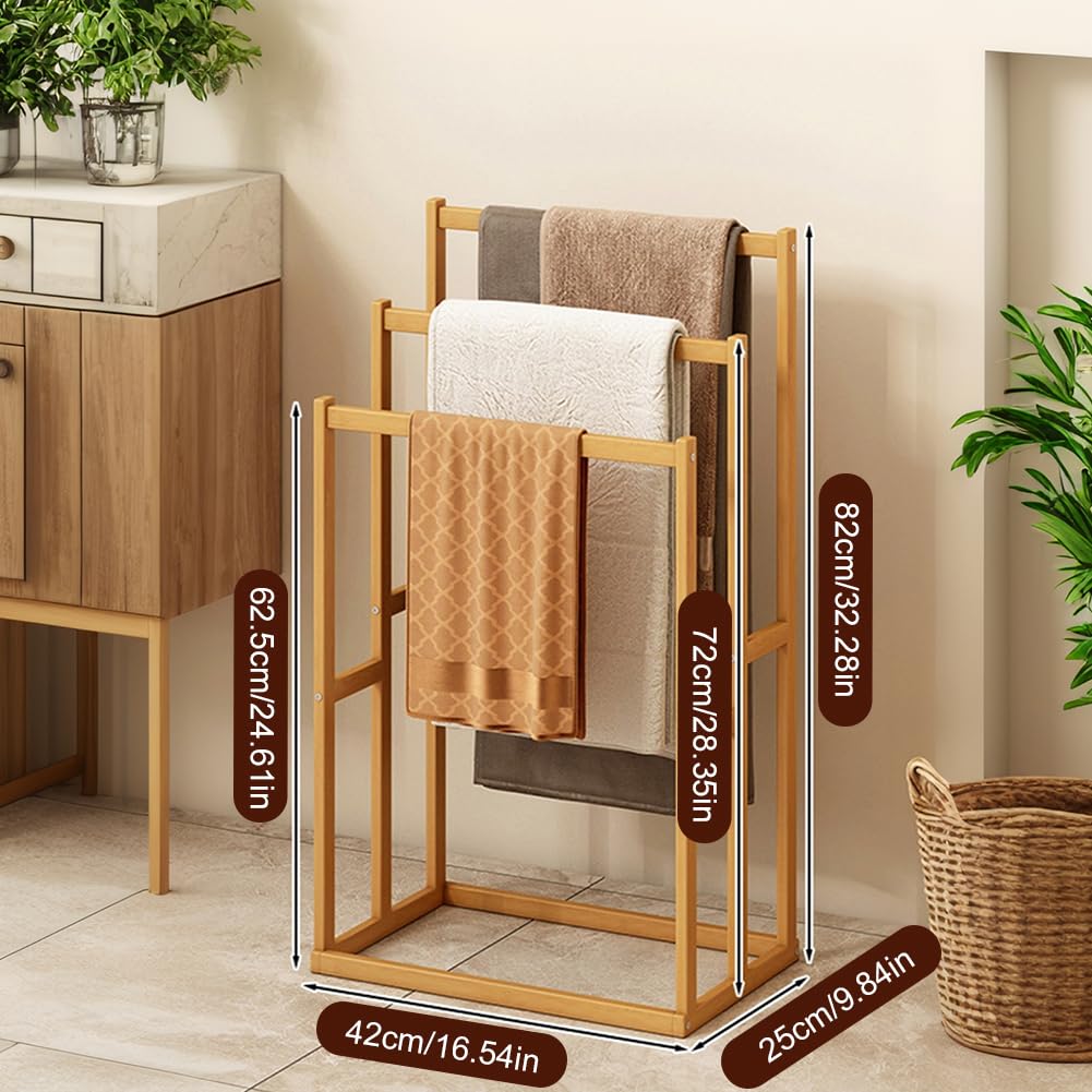 ETOYA Freestanding Wooden Towel Rack with 3 Crossbars, 3-Tier Decorative Blanket Ladder Display Stand, Drying Storage Organizer, Towel Holder for Bathroom, Living Room, Bedroom, Pool & Laundry Area