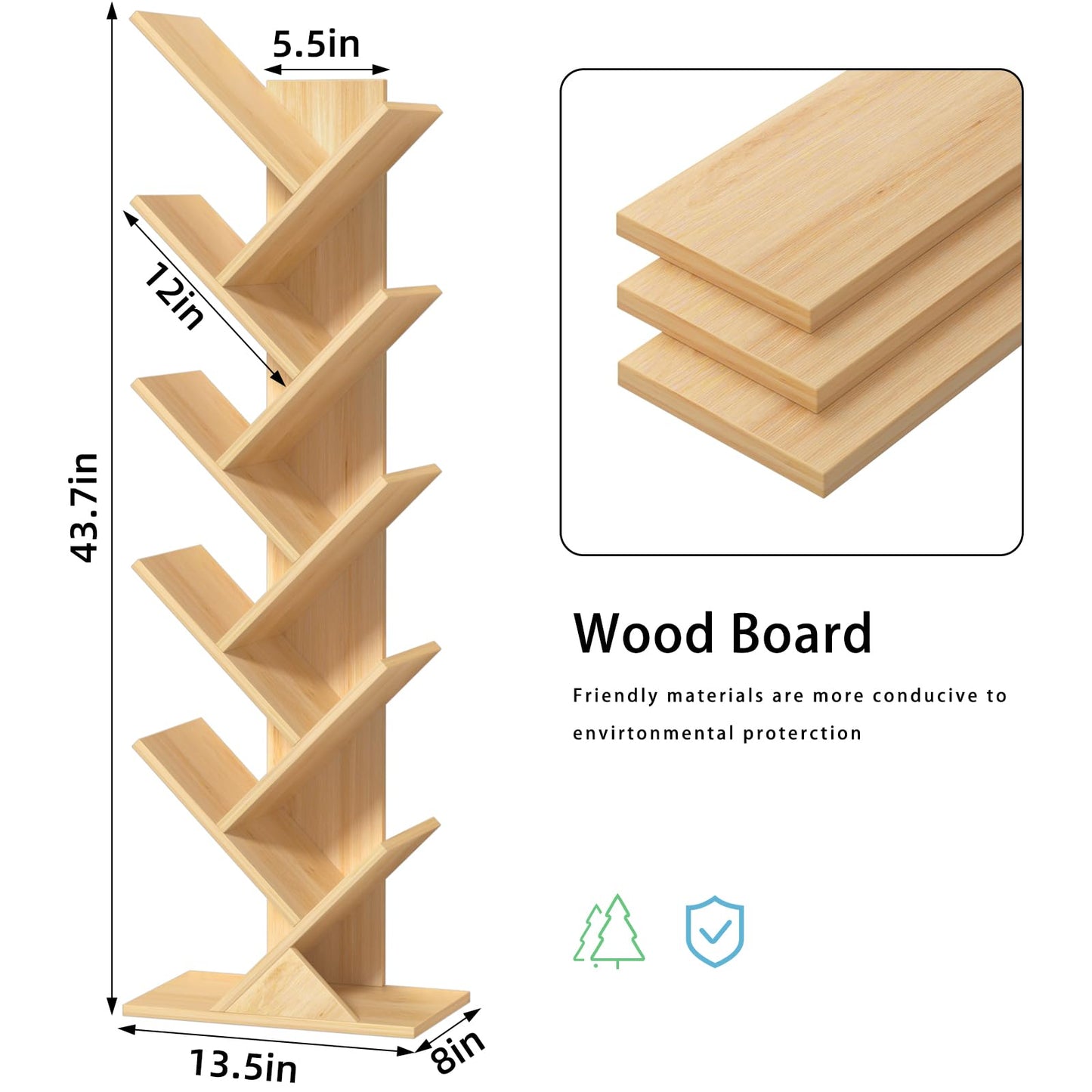 SHEEPAM 10 Tier Tree Book Shelf, Floor Standing Wood Bookshelf for Narrow Space, Storage Organizer Bookshelves for Books/CDs/Magazine, Bookcase with Shelves for Home Office, Living Room - Natural