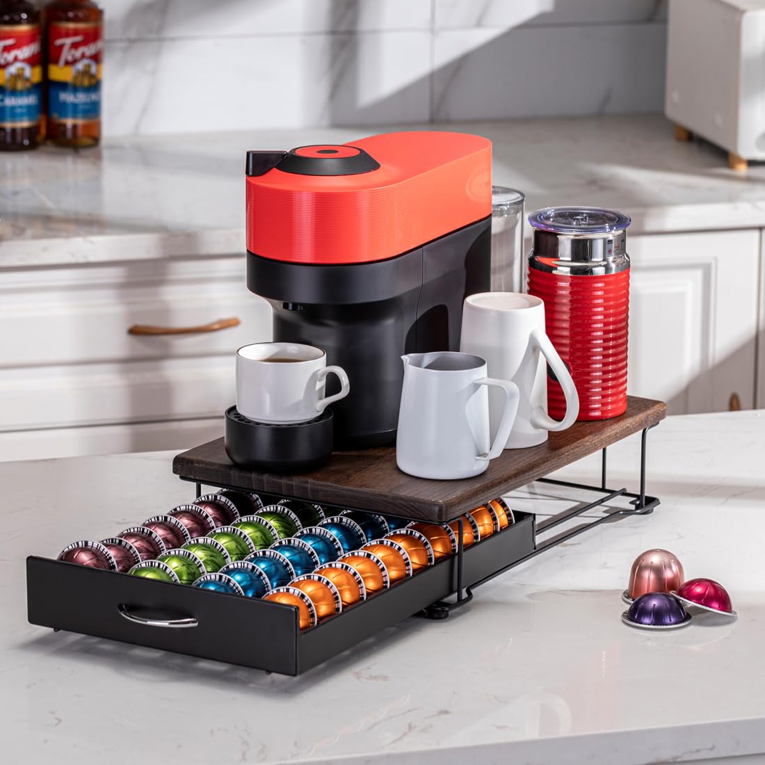 FlagShip for Nespresso Pod Drawer Vertuo Pod holder Coffee Pod Organizer Modern Style And Coffee Machine Stand Wood Top(40 Pods Capacity)