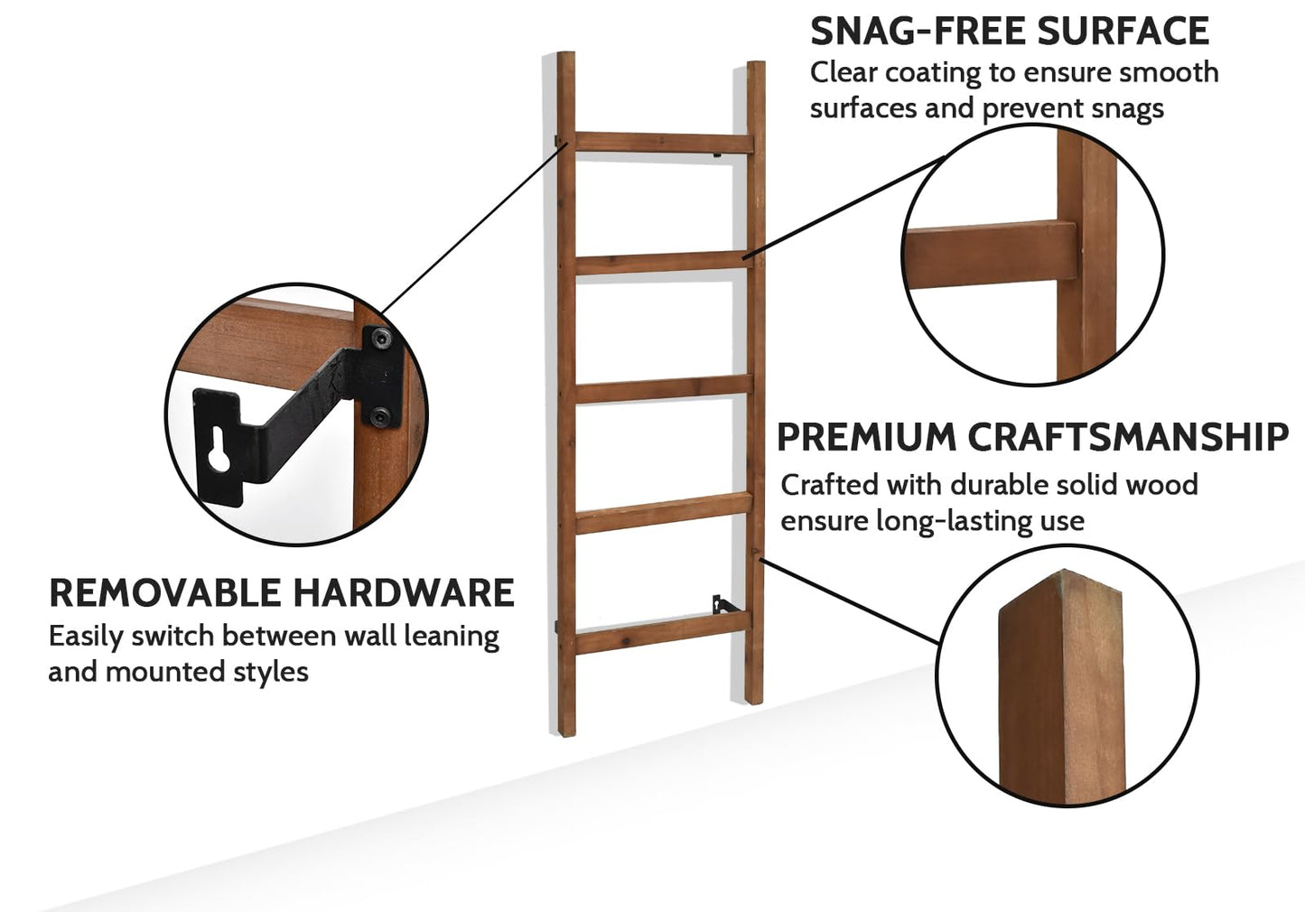 FUIN Wall Mounted 57in Wooden Blanket Ladder Living Room Decorative Farmhouse Quilt Display Holder Rustic Wood Towel Rack for Bathroom, Brown