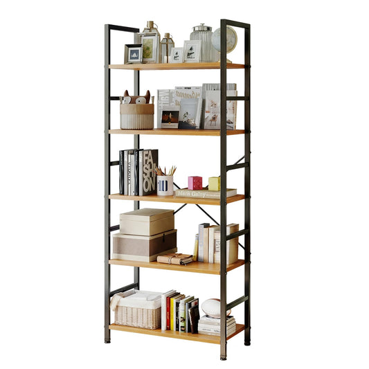 Sweetcrispy Book Shelf, 5 Tier Bookcase, Modern Tall Bookshelf for Garage Kit, CDs, Movies, Industrial Corner Storage Organizer for Bedroom Home Office Kitchen Living Room, Wood