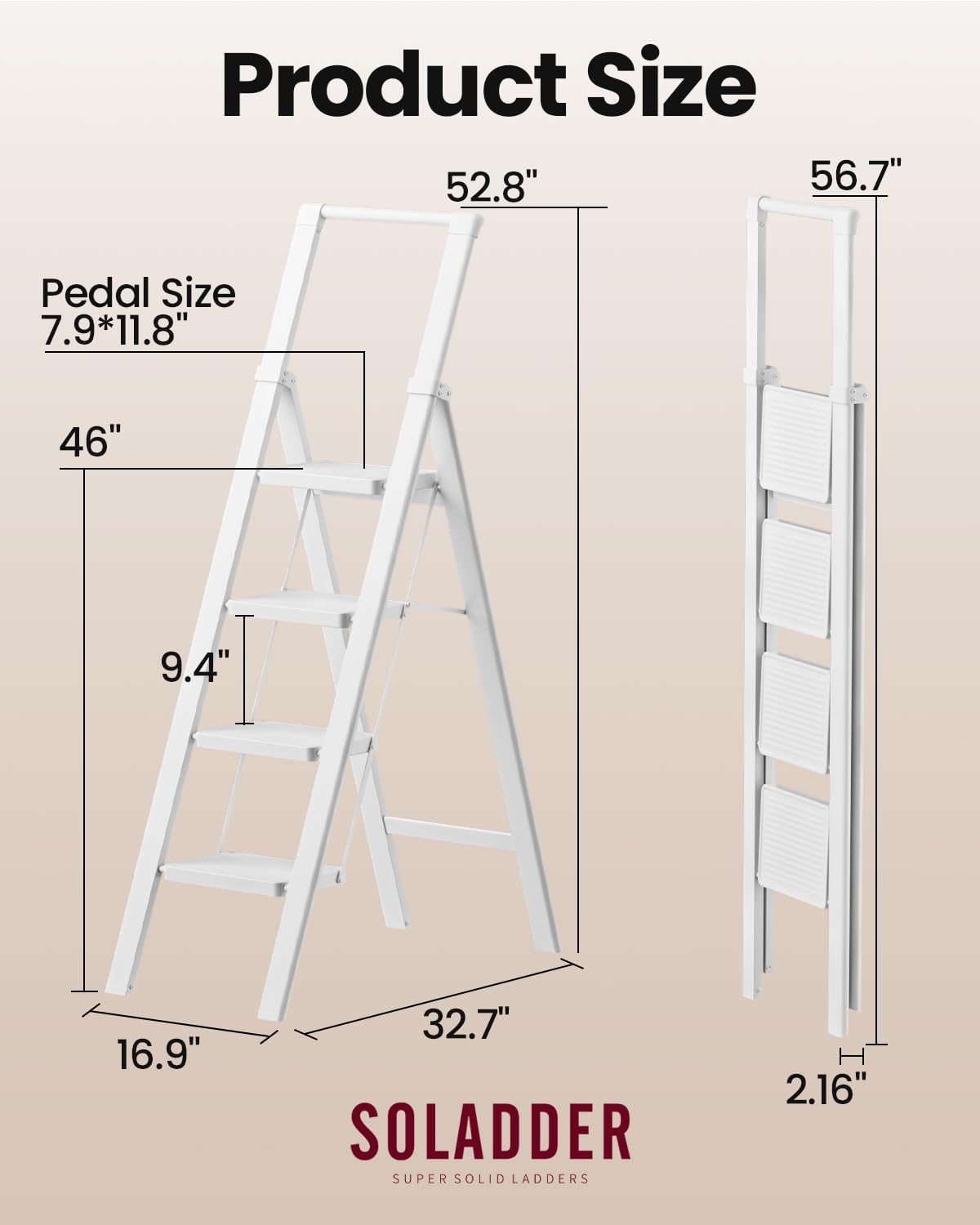 SOLADDER Step Ladder 4 Step Folding Stool with Anti-Slip Widened Sturdy Pedal and Handgrip, Portable and Multi-Use Iron Stepladder for Home, Kitchen, 300 lbs Capacity -Pure White
