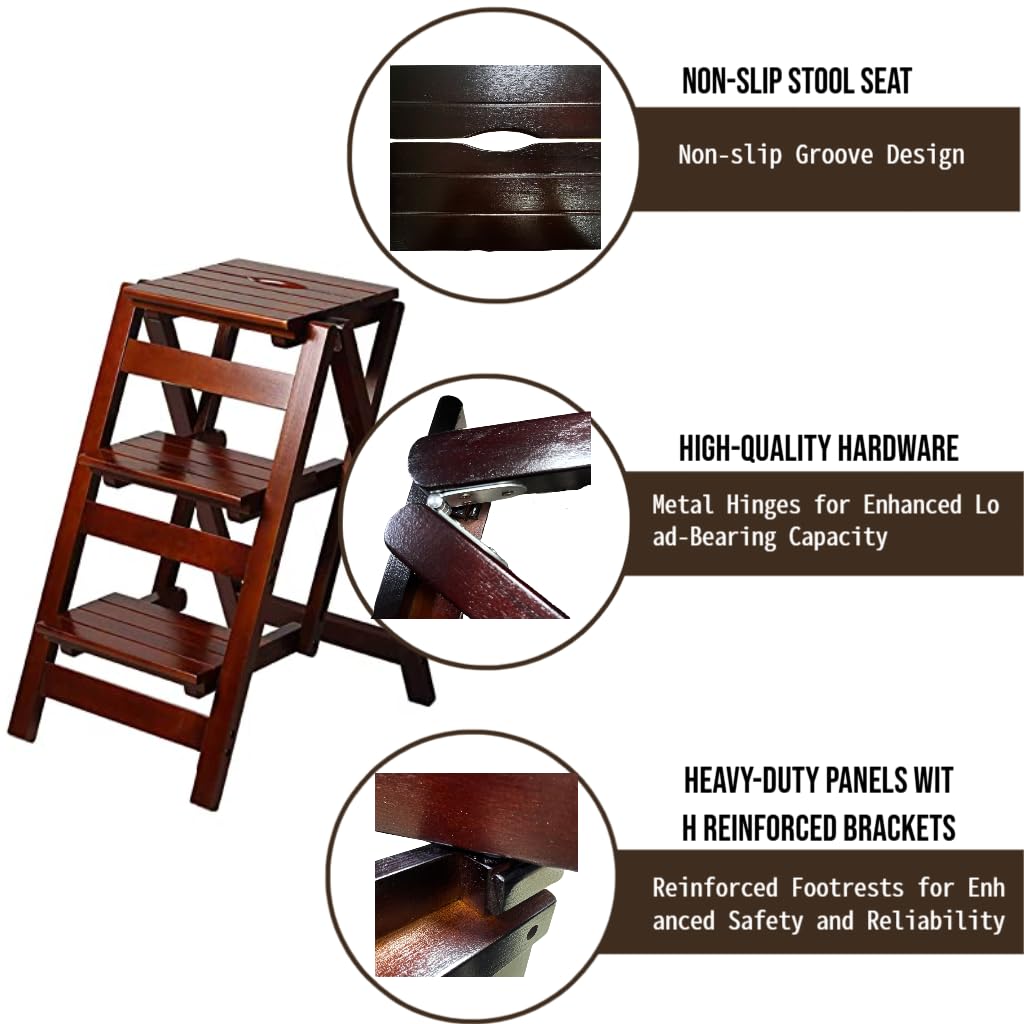 Bidesen 3 Step Stool Wooden Folding Ladder Chair Thickened Library Stair Chair Portable Light Garden Tool Ladder Maximum Load 337bl