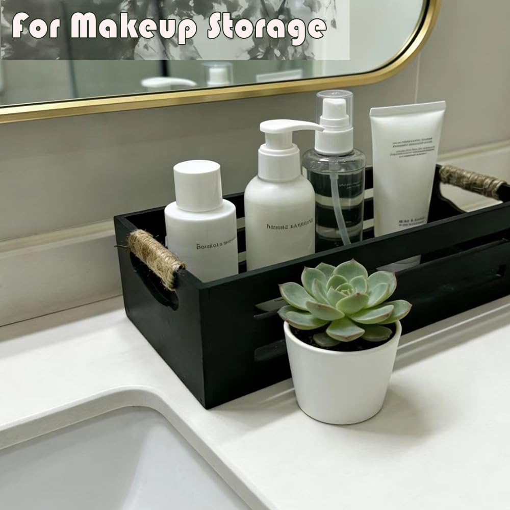 2Pack Wooden Bathroom Storage Crates with Rope Handles - Rustic Farmhouse Toilet Tank Topper Organizer Bin for Toilet Paper, Bathroom Decor, Kitchen Countertop & Home Organization (Black)