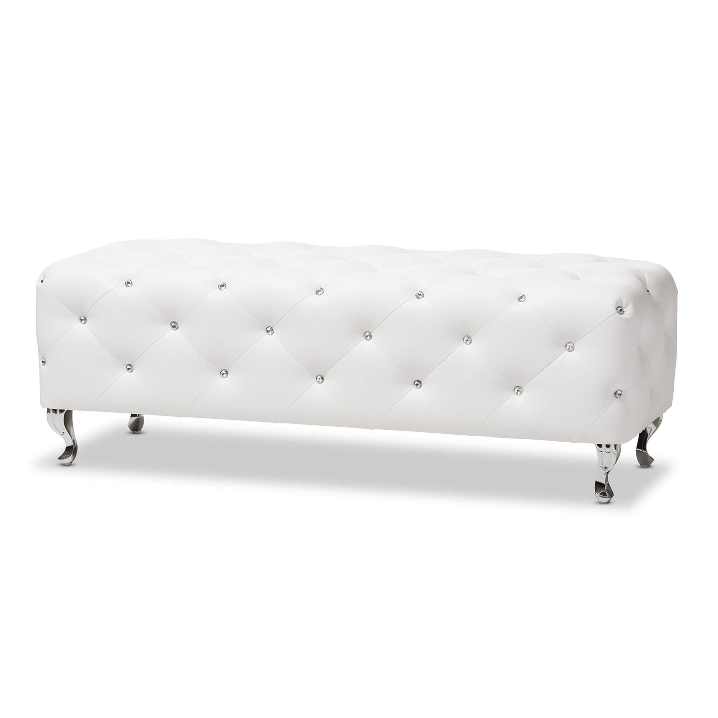 Baxton Studio Stella Crystal Tufted Modern Bench, White (54"x19"x19.5") Siskal Modern Cube Ottoman, White, Set of 2
