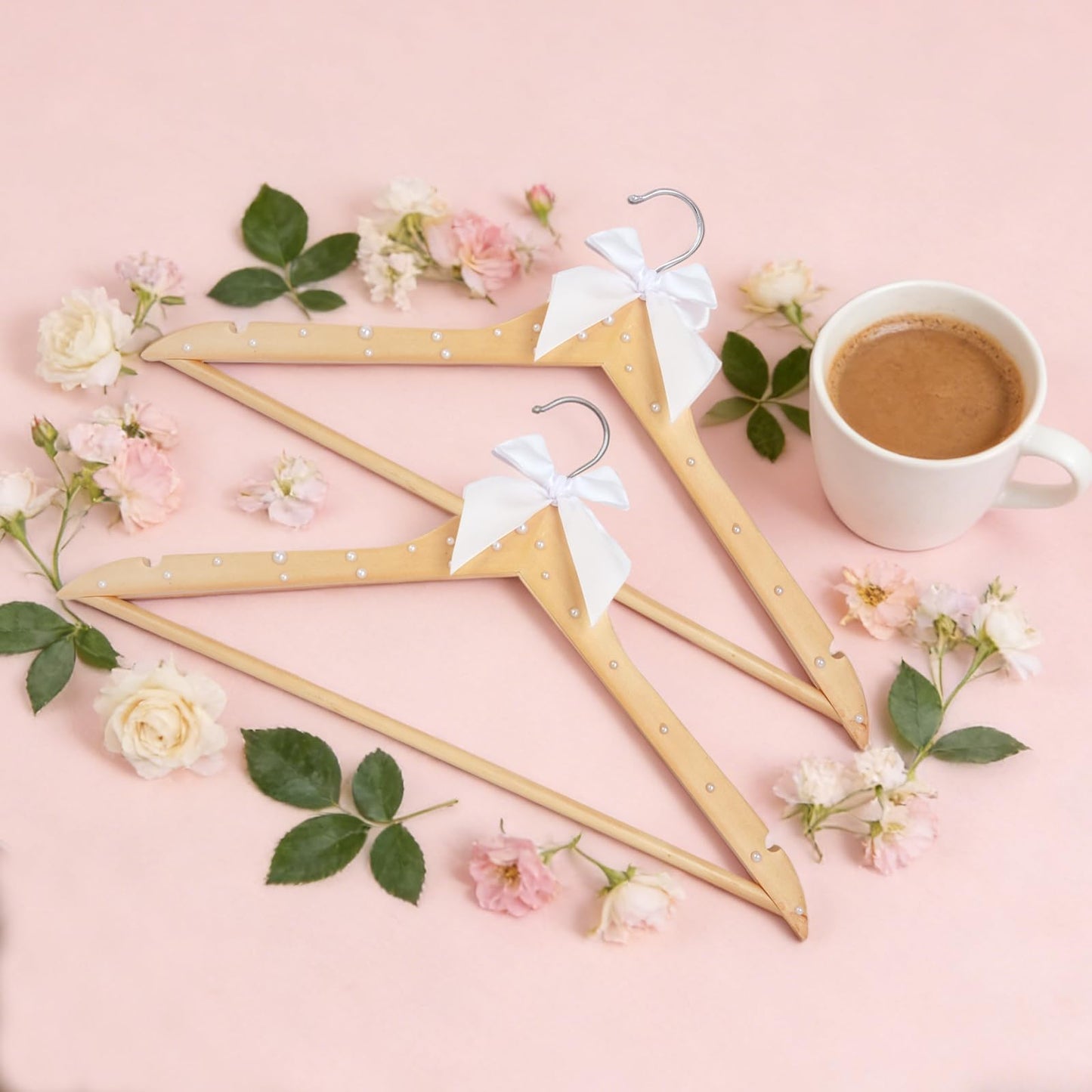 PEDOBALI 12 Pcs Bridesmaid Hangers Wooden Dress Wood Color Elegant Ribbon Pearl Hanger for Bride Groom Bridal Shower Wedding Photo Keepsake Tuxedo Party Gift