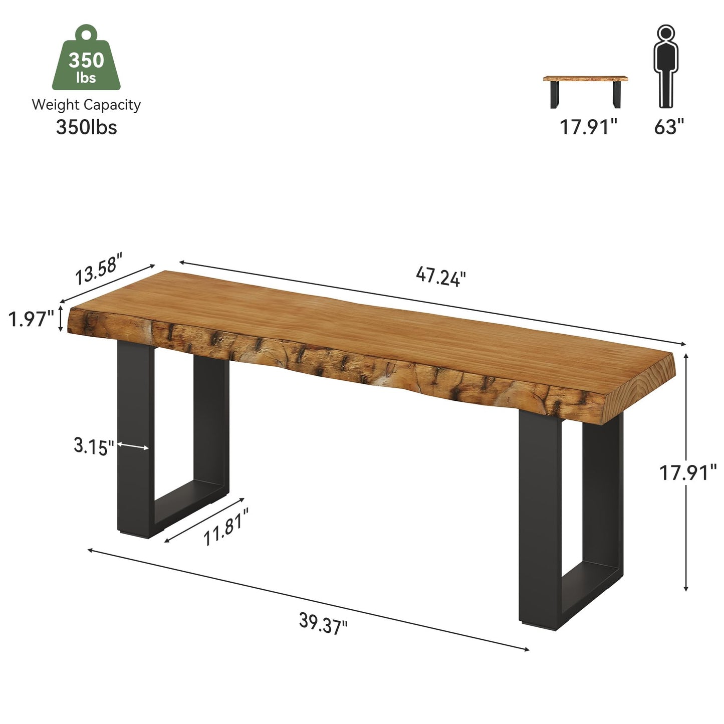 TRIBEWOOD Solid Wood Dining Bench, 47'' Industrial Entryway Bench with Black Metal Legs, Narrow Long End of Bed Bench for Bedroom, Kitchen, Living Room, Hallway, Easy Assembly