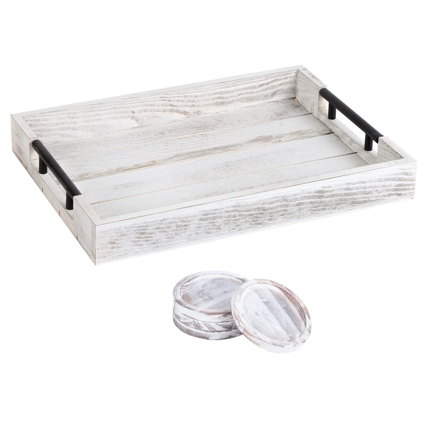 Wooden Serving Ottoman Tray With 4 Coasters, Breakfast Tray With Handles, Home Decor for Living Room, Coffee Table