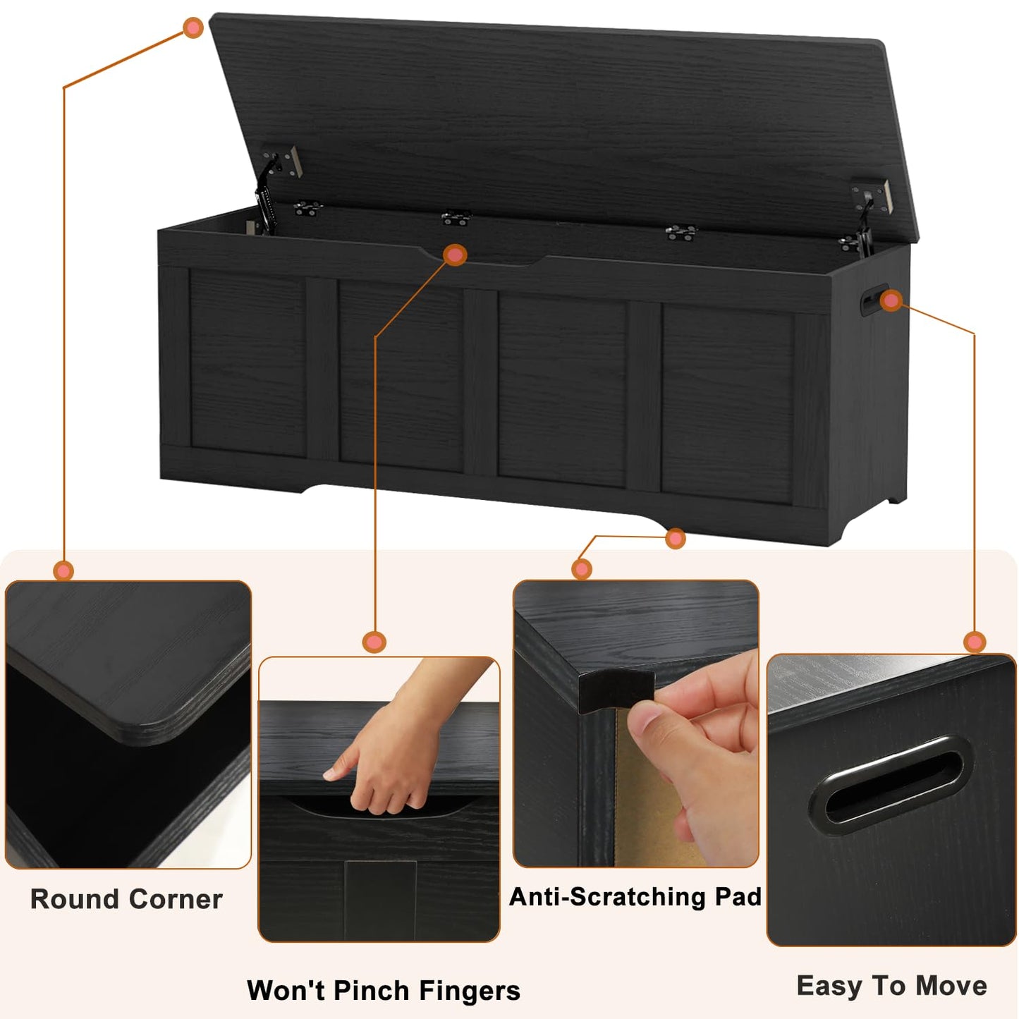 Timberer 47.2" Storage Chest, Extra Large Storage Trunk with 2 Safety Hinges, Wooden Storage Bench, Shoe Bench, Entryway Bench for Living Room, Bedroom, Black