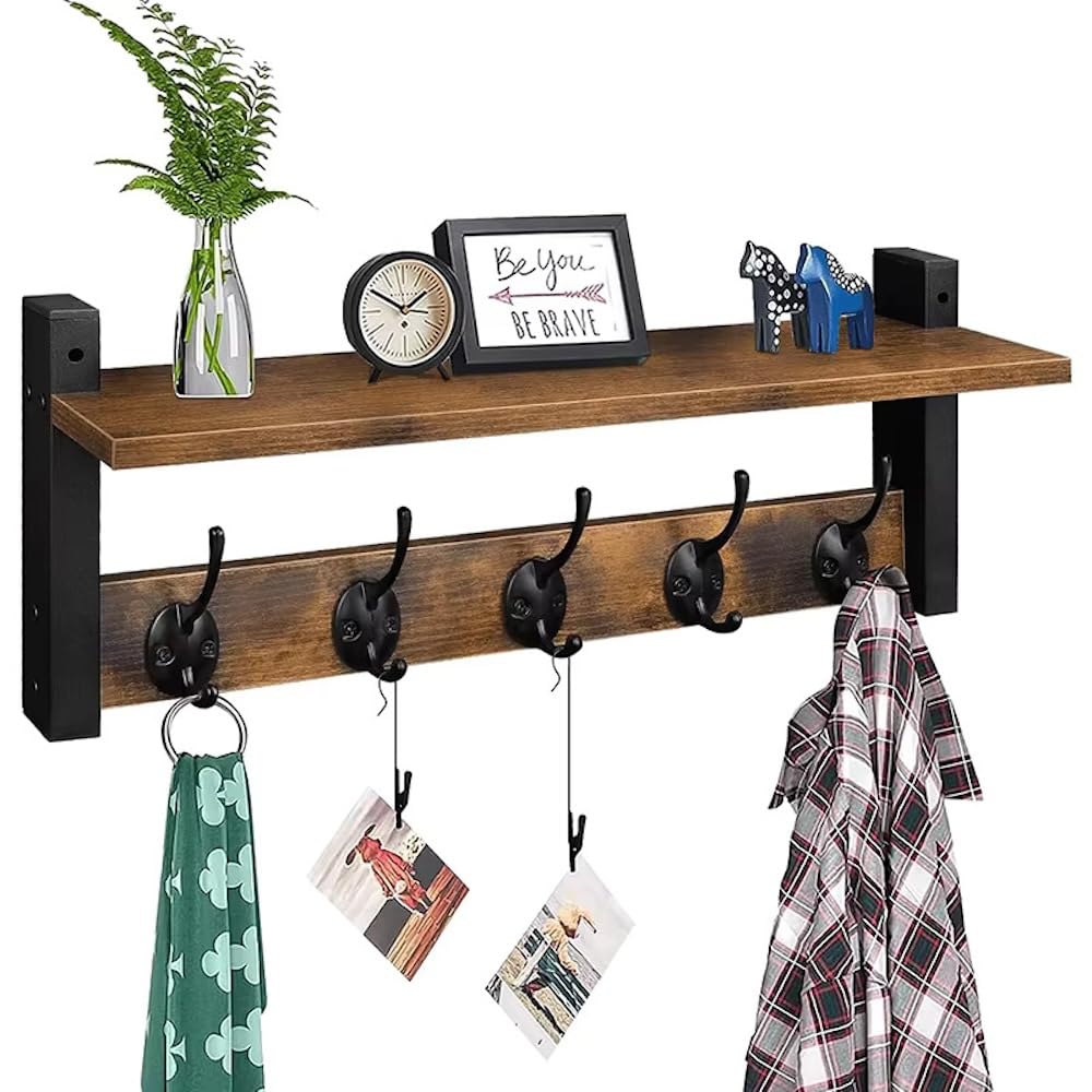 Morphesa Wall Mounted Coat Rack with Shelf, Wooden Entryway Shelf with 5 Metal Hooks, Rustic Wall Coat Rack for Jackets, Hats, Bags & Keys