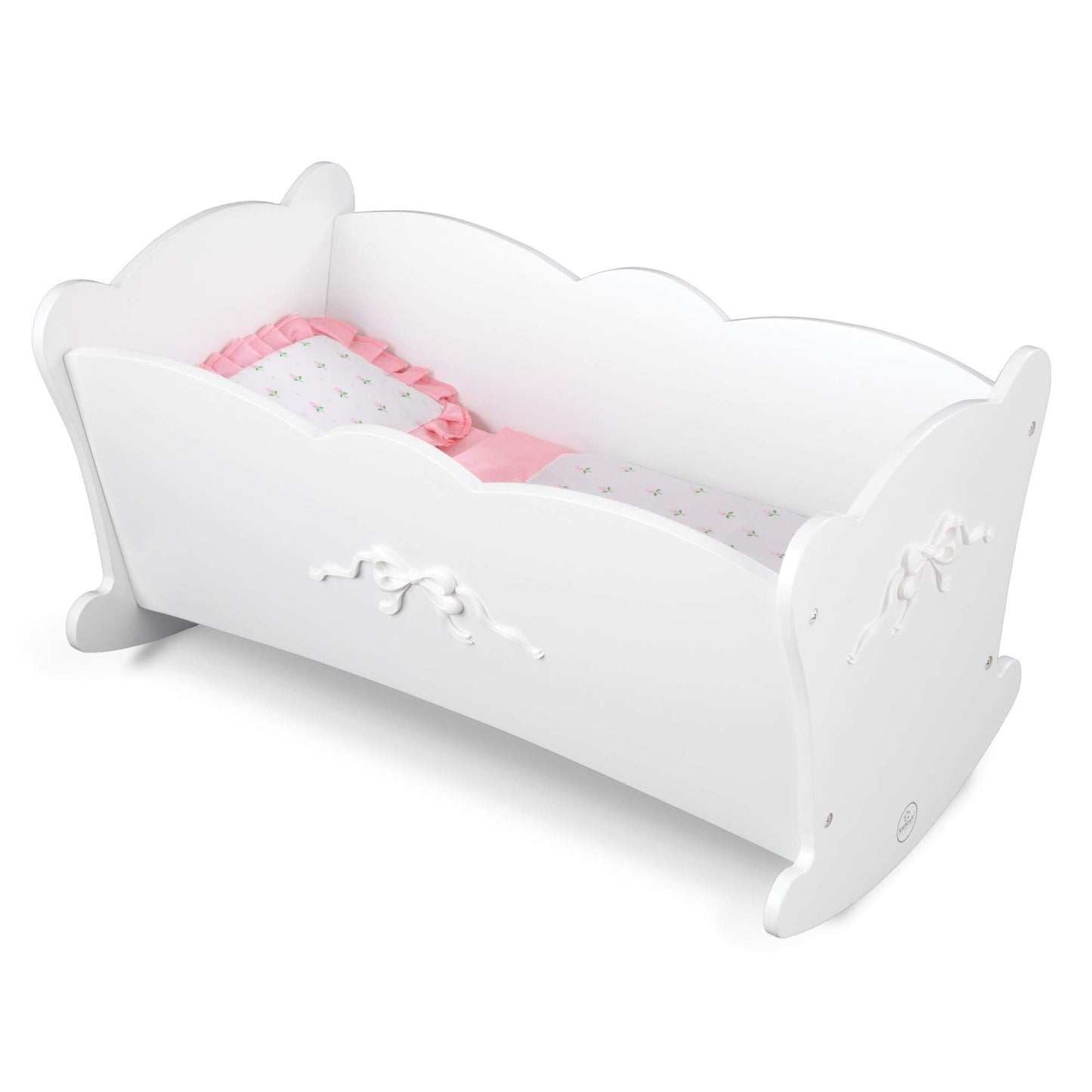 KidKraft Tiffany Bow Scalloped-Edge Wooden Lil Doll Rocking Cradle with Comforter, Pad and Pillow - White, Gift for Ages 3+