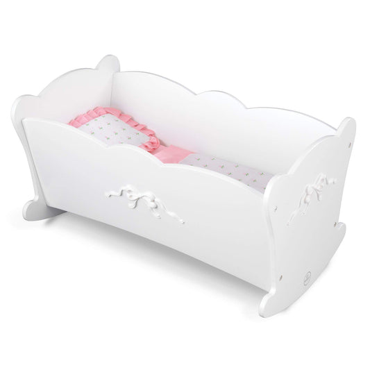 KidKraft Tiffany Bow Scalloped-Edge Wooden Lil Doll Rocking Cradle with Comforter, Pad and Pillow - White, Gift for Ages 3+