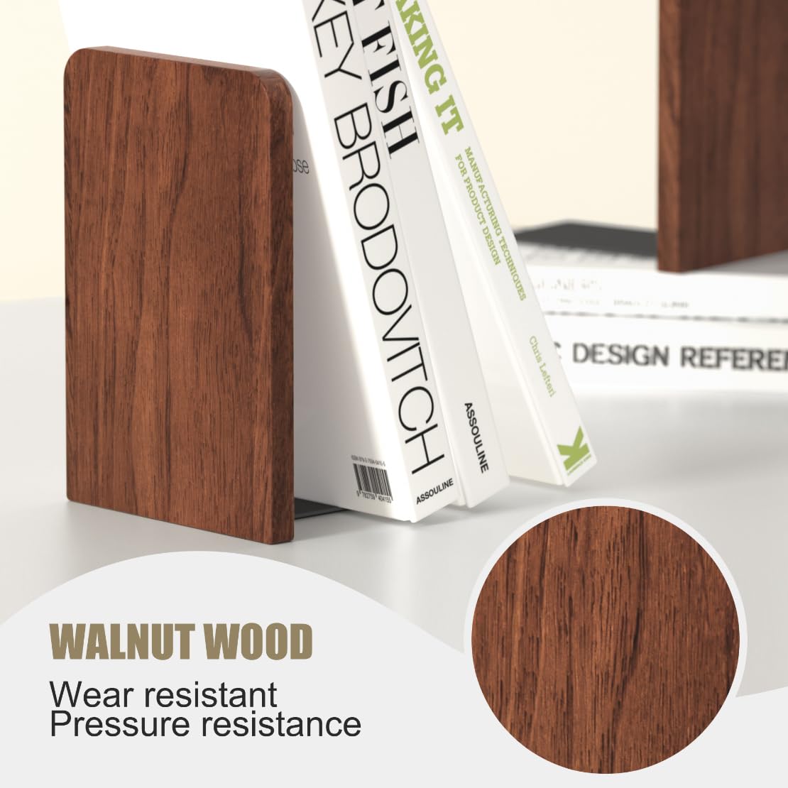 Book Ends, 2 Pair Bookends, Heavy Duty Wooden Bookend Support for Books and Movies (2, Square bookends)