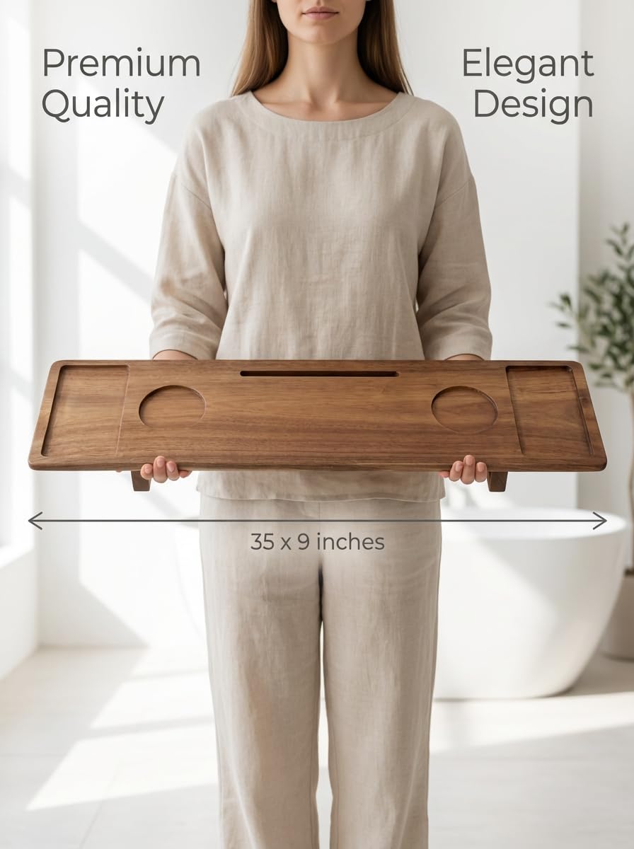 Luxury Wooden Bathub Caddy Tray - Premium Natural Acacia Bath Organizer with Wine Glass Holder, Tablet Slot and Phone Mount - Expandable Spa Board to Fit Most Tubs