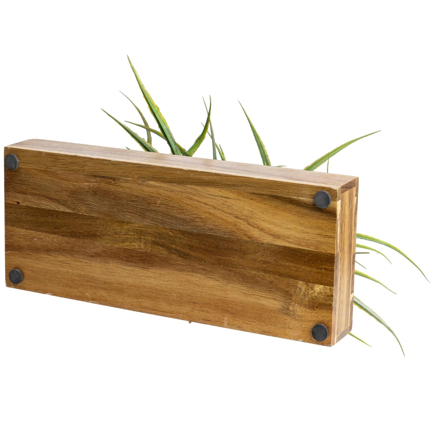 MyGift Large Artificial Green Grass Plants Potted in 14 Inch Premium Acacia Solid Wood Rectangular Planter Box, Decorative Tabletop Faux Greenery Centerpiece Décor