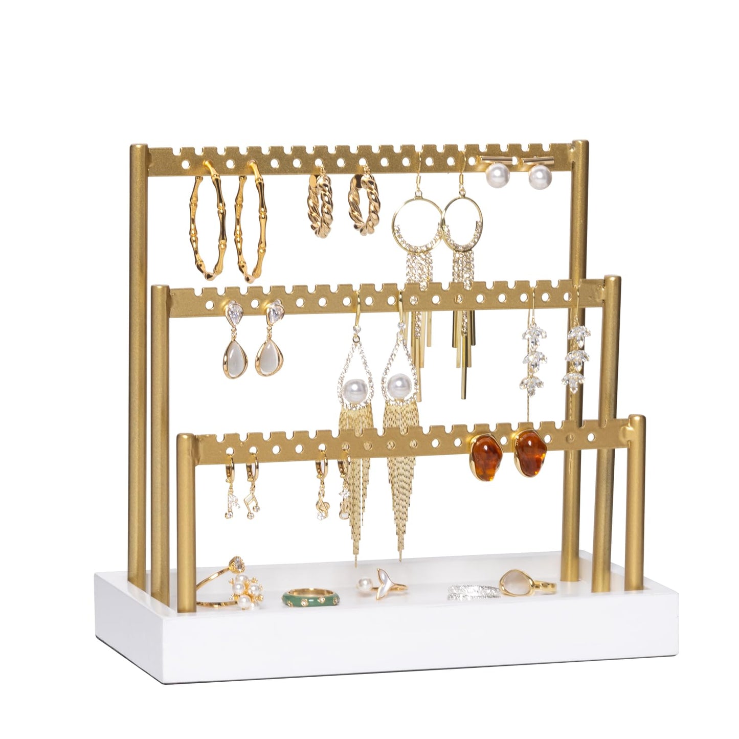 SANY DAYO HOME 3-Tier Earring Holder Organizer Stand, 105 Holes Gold Metal Earring Rack Jewelry Display Tree with White Wood Tray for Women and Girls