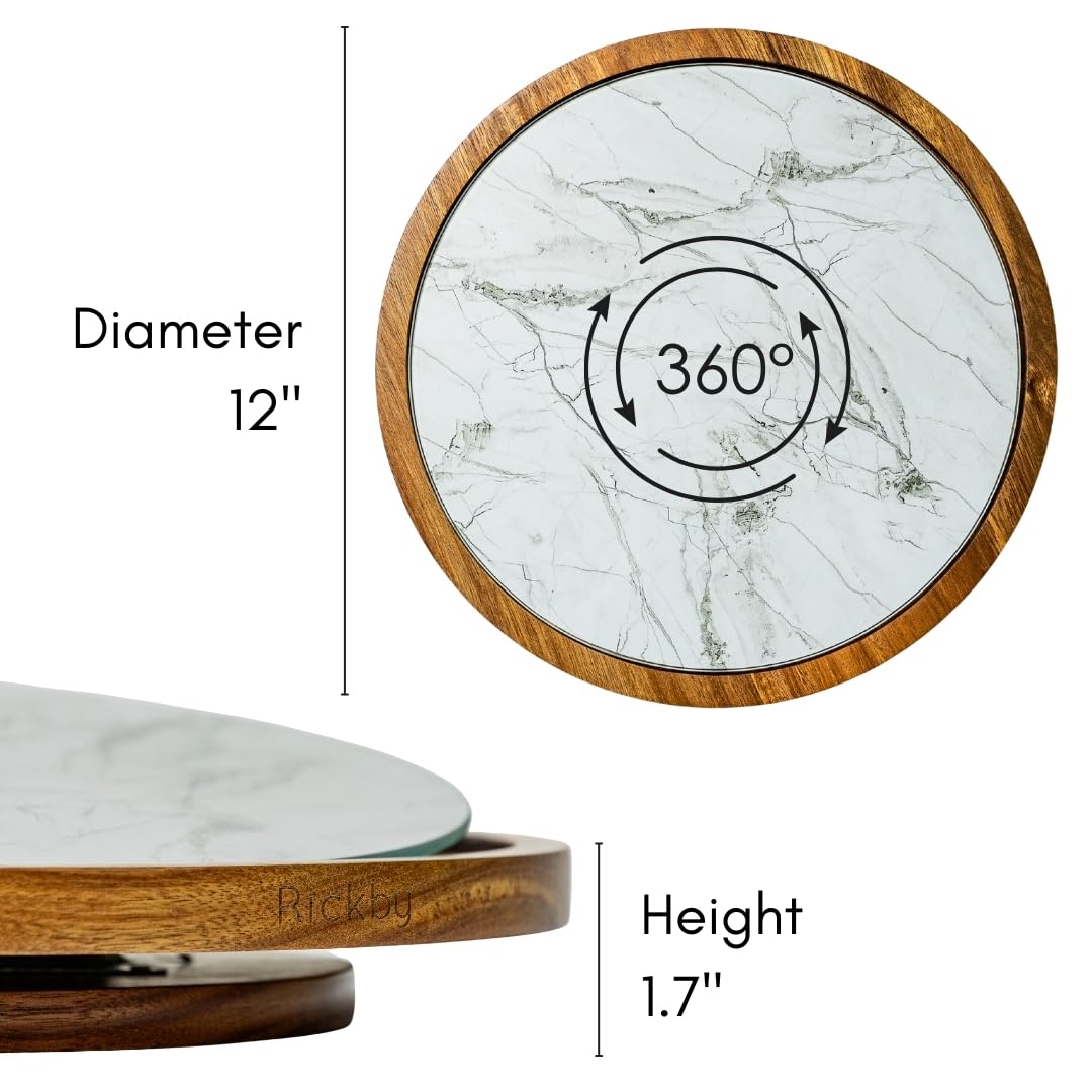 Rickby, 12" Premium Acacia Wood Lazy Susan Turntable for Table Top with Removable Marble Texture Glass Plate, Wooden Lazy Susan for Dining Table Centerpiece & Kitchen Countertop