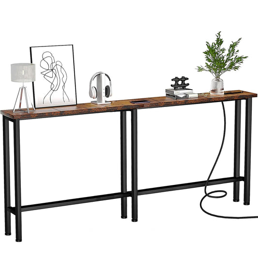 Keelian 70" Narrow Console Sofa Table - Power Outlets & 2 USB Ports, Metal Frame, Rustic Brown, Perfect for Hallway, Office, and Behind Sofa - Easy Assembly, 4.9' Extension Cord Included