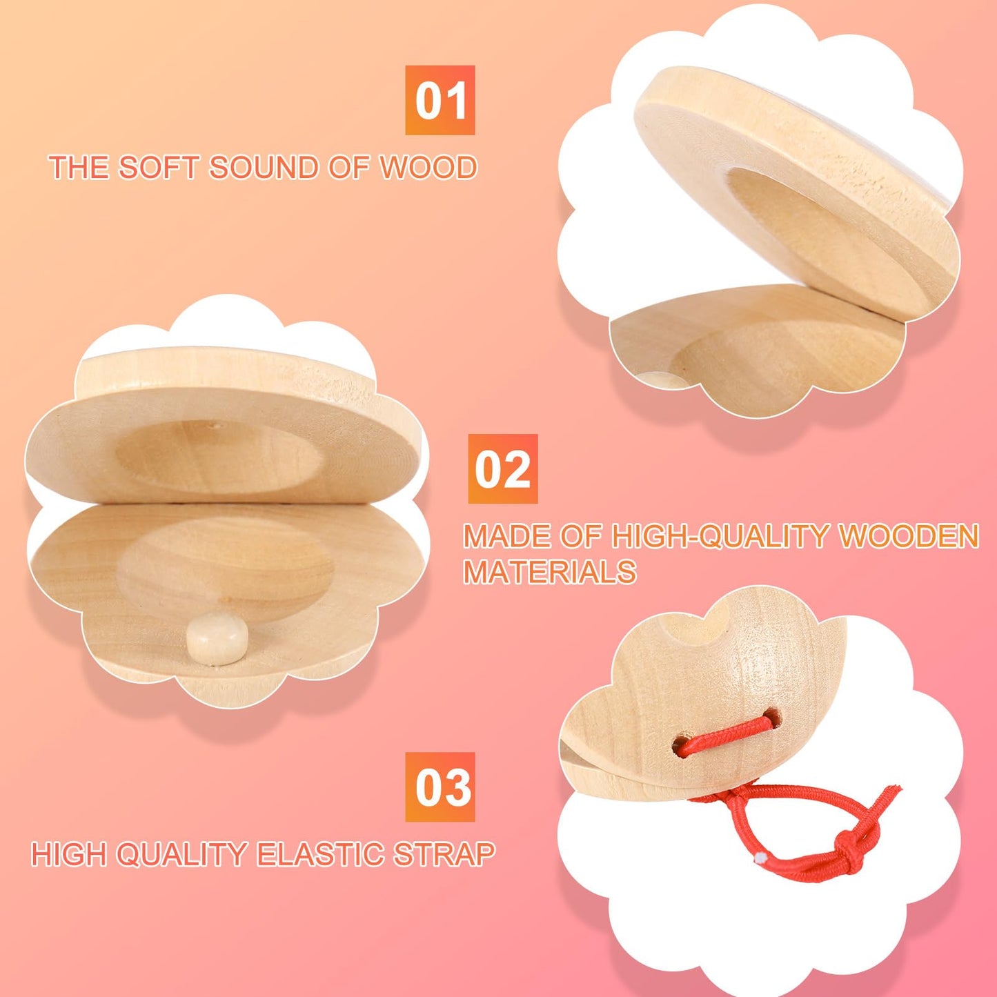 Fuyamp 24 Pcs Castanets Wooden Musical Instrument Finger Castanets Baby Castanet Hand Finger Castanets Classroom DIY Wooden Percussion Instrument for Kids Adults