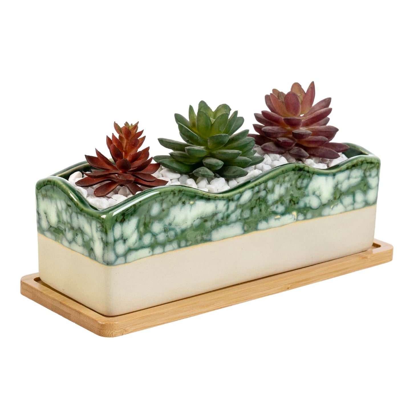 MyGift Rectangular Succulent Planter - Decorative Beige and Green Ceramic Glazed Plant Container Pot with Removable Bamboo Tray