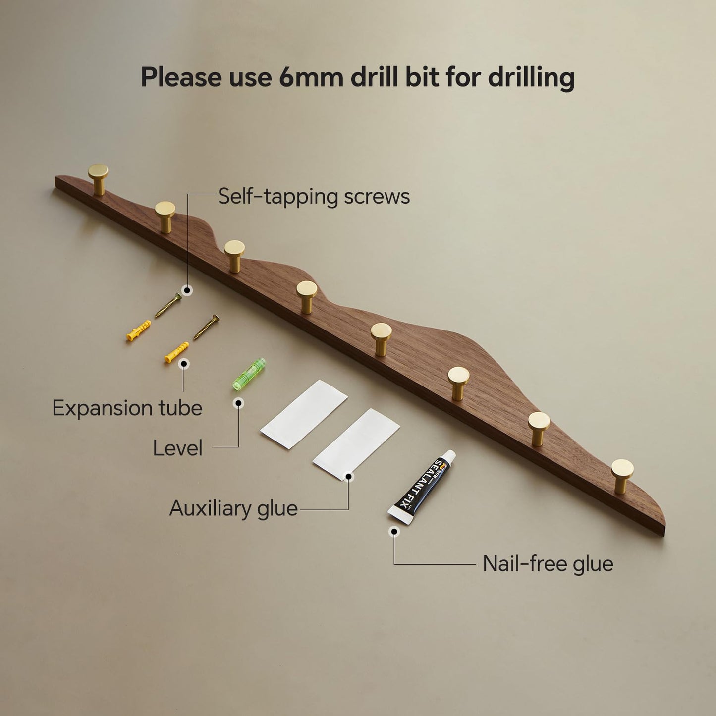 THFLSTR Elegant Wall Coat Rack with Hooks Walnut Wood Solid Coat Hanger Wall Mount with 8 Brass Hooks, Moisture-Resistant Wax Oil Finish for Home (Walnut, 8 Hooks)