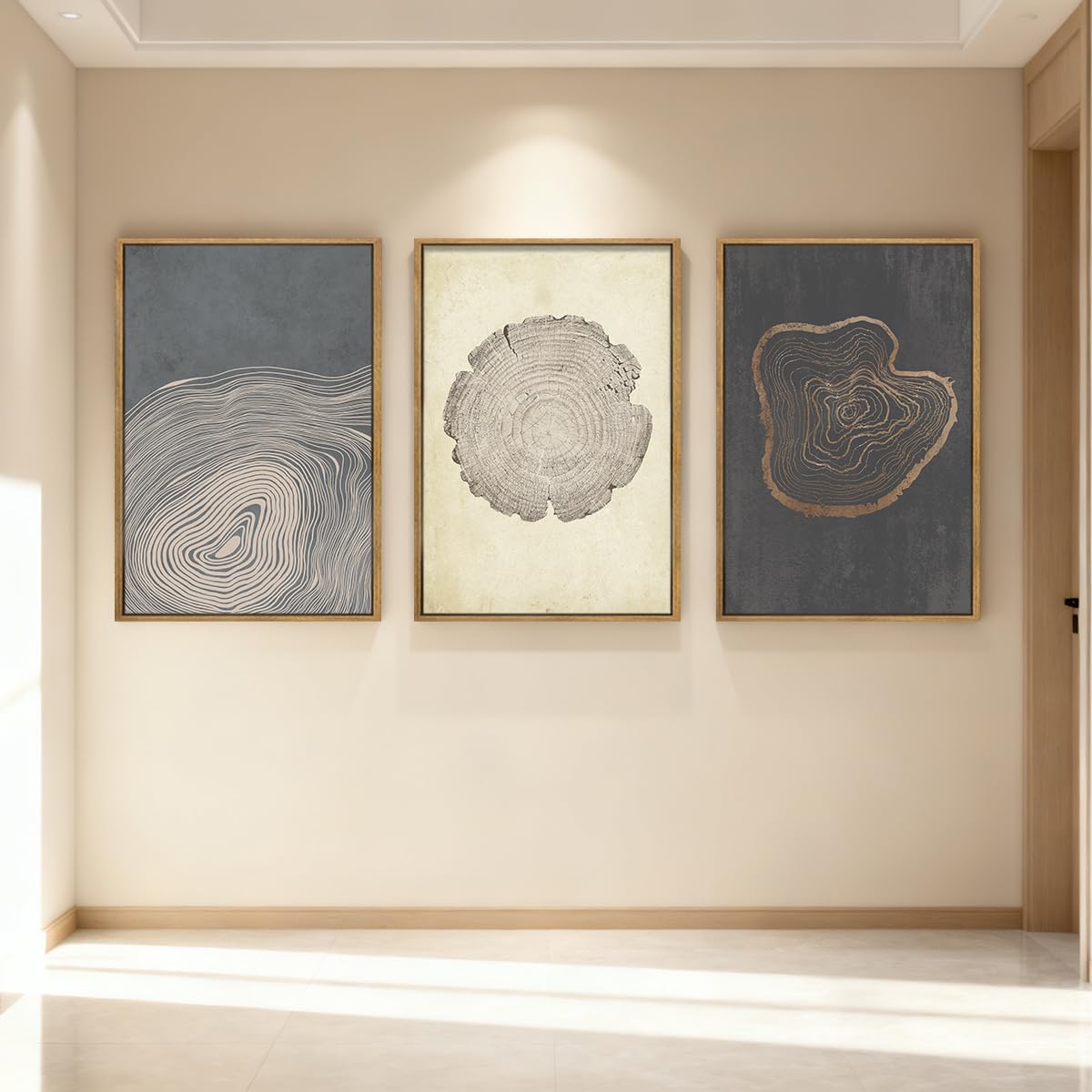 Anyzal Extra Large Neutral Tree Ring Framed Wall Art 24x36 Inch Modern Wood Ring Canvas Wall Decor Modern Minimalist Wood Artwork Set of 3 for Living Room Bedroom Dining Room
