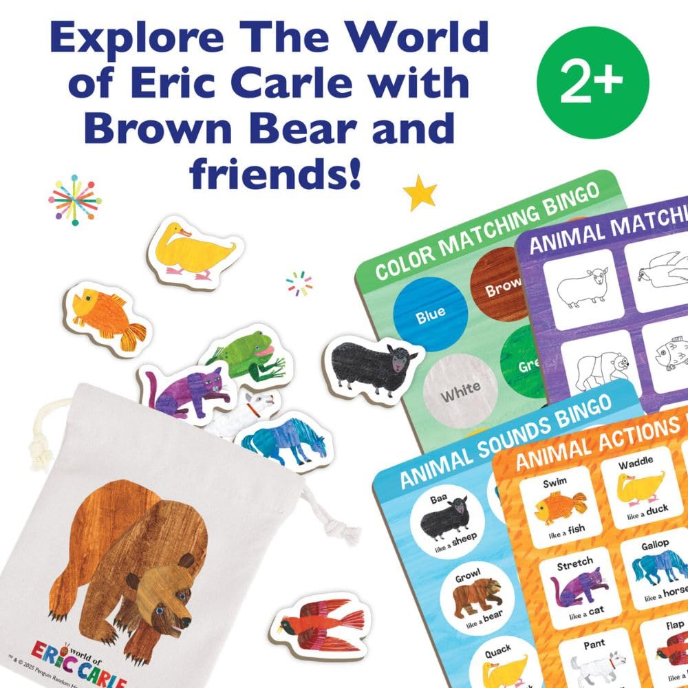 World of Eric Carle: Animal Bingo Game – Wooden Toddler Bingo Set Featuring Brown Bear – Learn Animal Sounds, Movements, Colors & Matching – Preschool Game for Ages 2+