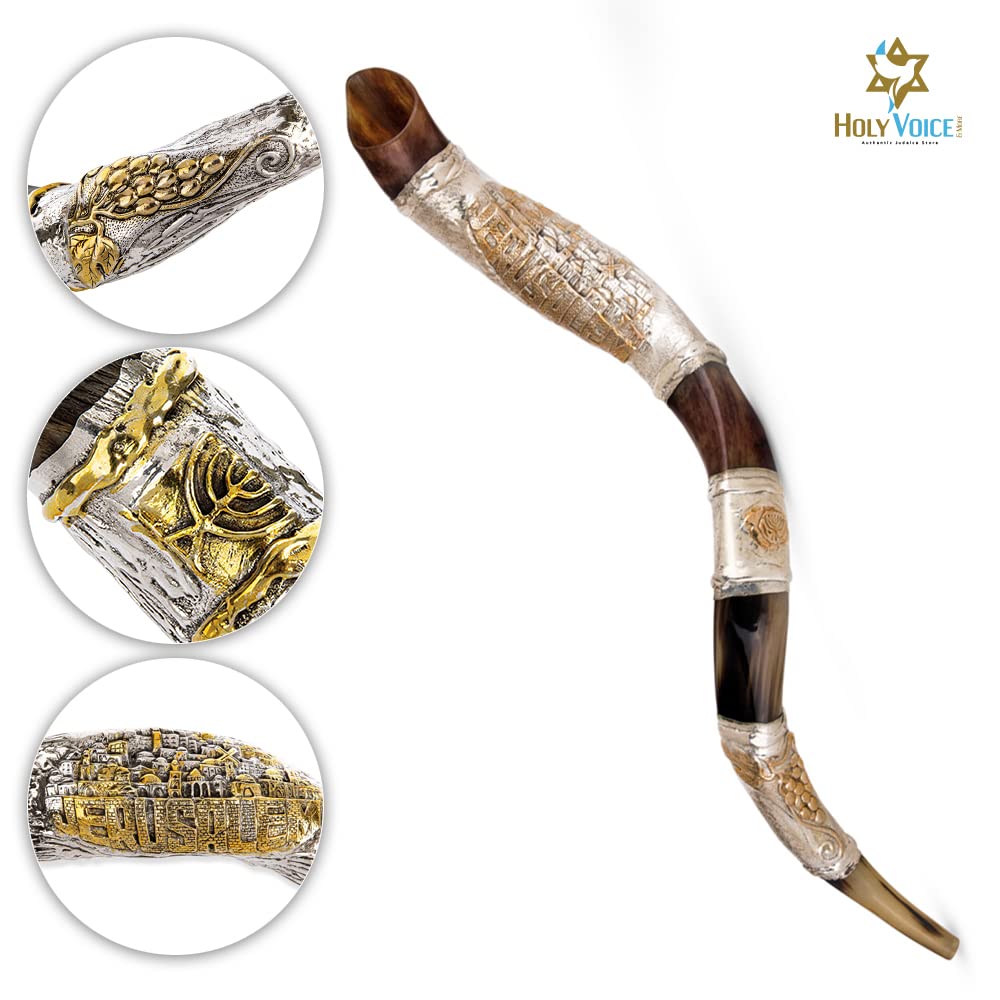 Holy Voice Sterling Silver-Plated 43"-47" Decorative Jerusalem Shofar Horn from Israel Judaica Gift Set with Stand, Carrying Bag, Brush, Made in Israel