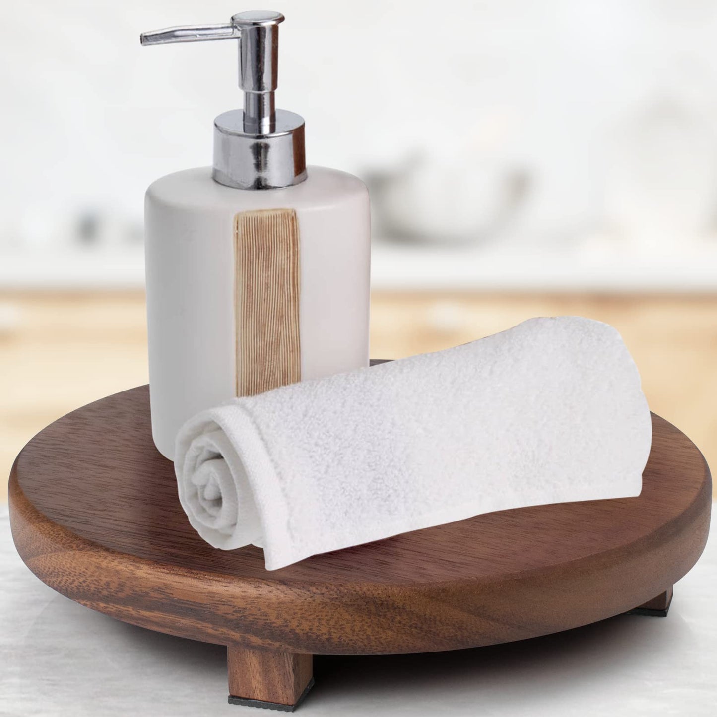 kulusion Walnut Wood Pedestal Stand, 9.06" Round Wood Riser for Kitchen Counter, Farmhouse Soap Tray Wooden Display Riser for Decor, Plant, Bottle, Cake Stand