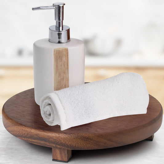 kulusion Walnut Wood Pedestal Stand, 9.06" Round Wood Riser for Kitchen Counter, Farmhouse Soap Tray Wooden Display Riser for Decor, Plant, Bottle, Cake Stand