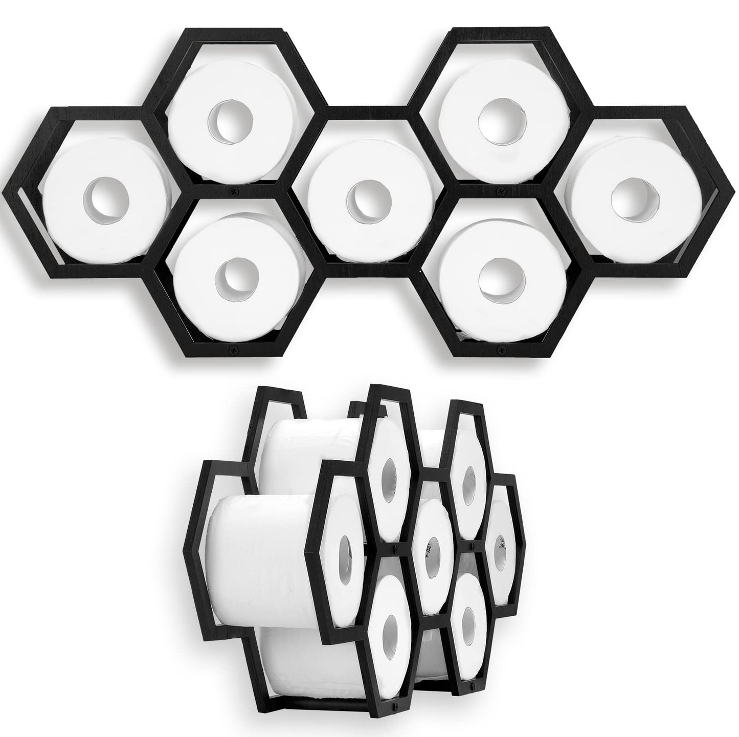 Beeveer Hold 7 Rolls Modern Floating Honeycomb Toilet Paper Holder Stand Modern Wooden Toilet Paper Storage Shelves for Tissue Honeycomb(Black)