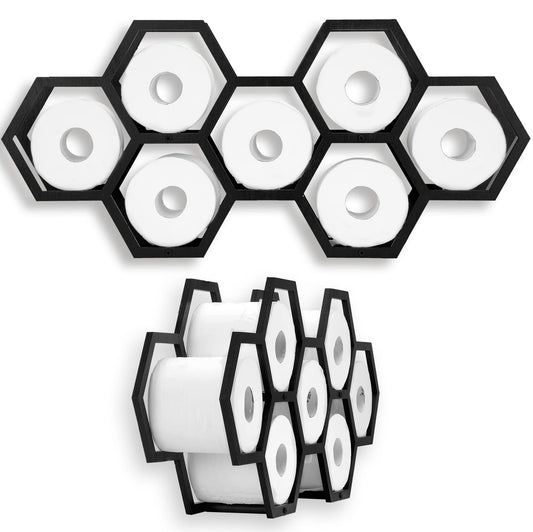 Beeveer Hold 7 Rolls Modern Floating Honeycomb Toilet Paper Holder Stand Modern Wooden Toilet Paper Storage Shelves for Tissue Honeycomb(Black)