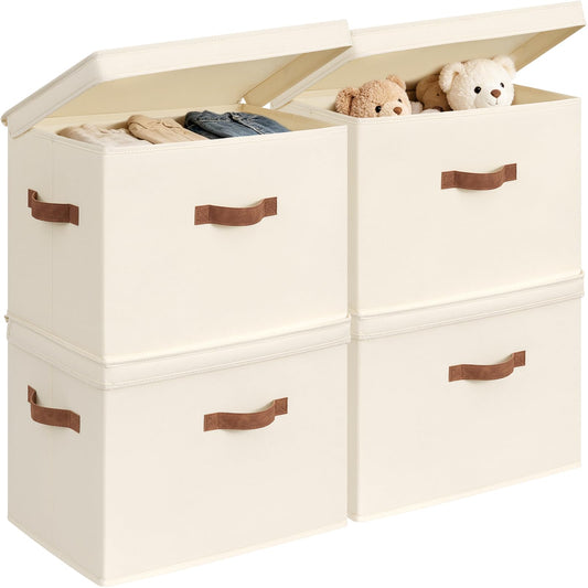 CHICVITA 4-Pack Closet Storage Bins with Lids, Fabric Storage Baskets for Shelves, Decorative Storage Boxes with Handles for Clothes Toy, Ivory