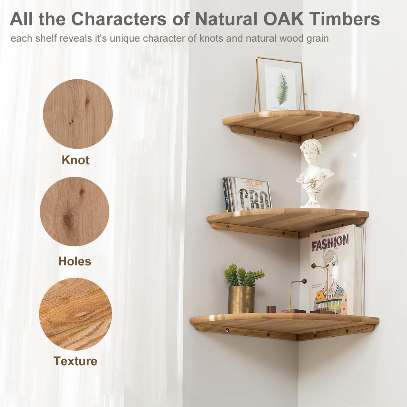 Conamily Corner Shelf, 7inch Solid Oak Wood Floating Corner Shelf Wall Mount Round End Floating Speaker Shelves with Wire Hole for Small Plant Photo Frame for Bedroom Kitchen, Living Room