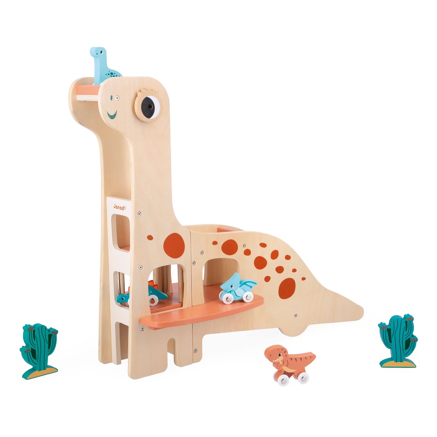 Janod - Dino Wooden Dinosaur Garage - Imaginative Play - Encourages Creativity and Storytelling - Enhances Motor Skills Design, Safe for Kids - Ages 2-6 Years - J05835