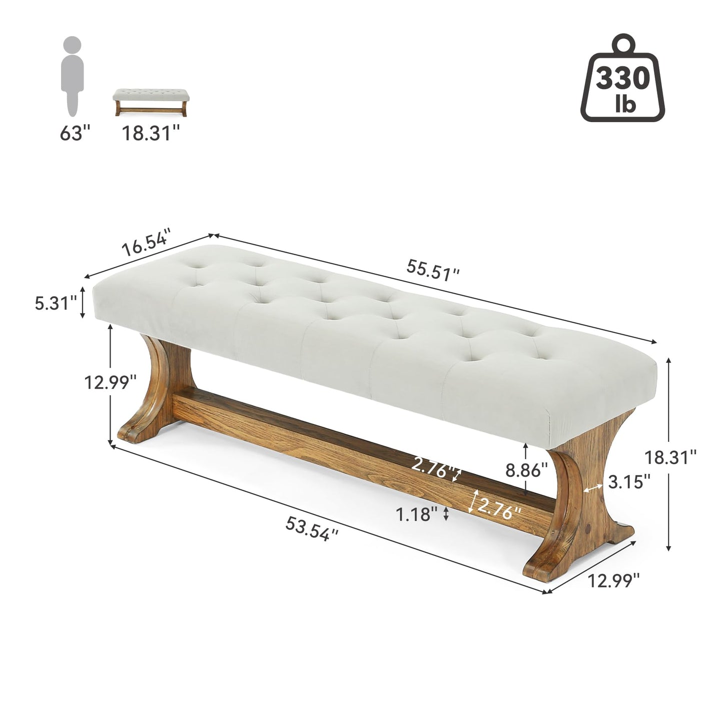 LITTLE TREE 55" Upholstered End of Bed Bench, Solid Wood Tufted Entryway Bench, Farmhouse Ottoman with Cushion for Bedroom, Foot of Bed, Living Room, Hallway, Light Gray