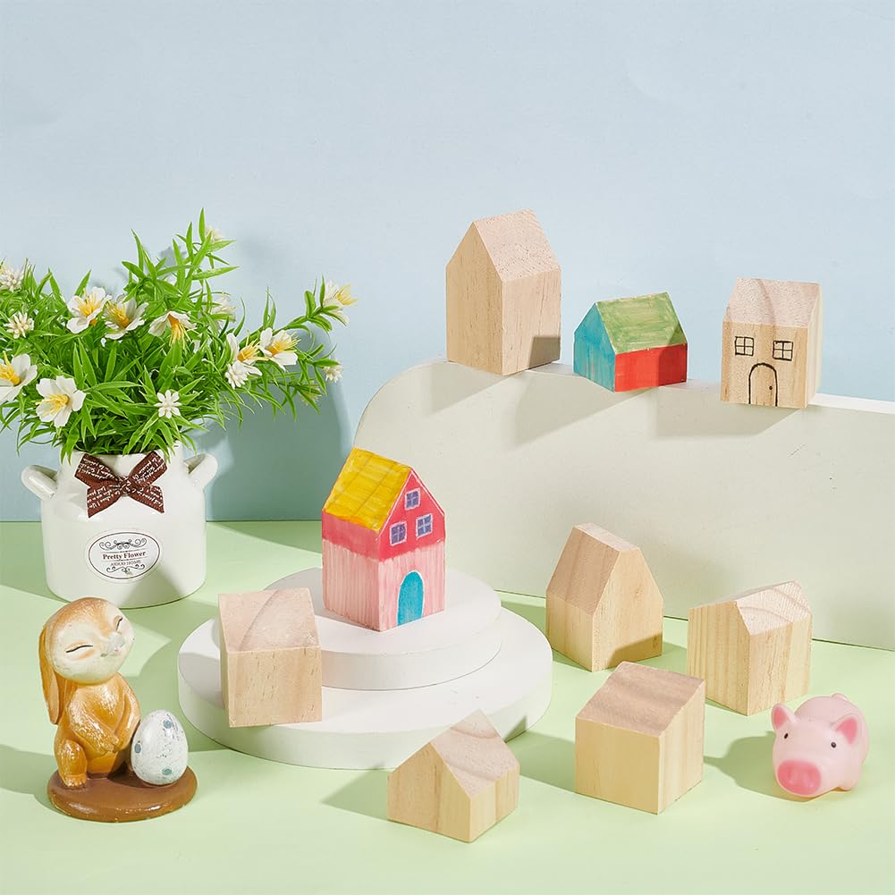 NBEADS 10 Pcs Unfinished Wooden House Shaped Blocks, Large Wood Blocks for Crafts Blank Wooden Cubes for Paint Wooden Blocks for Decoration and Christmas DIY Crafts, Burlywood