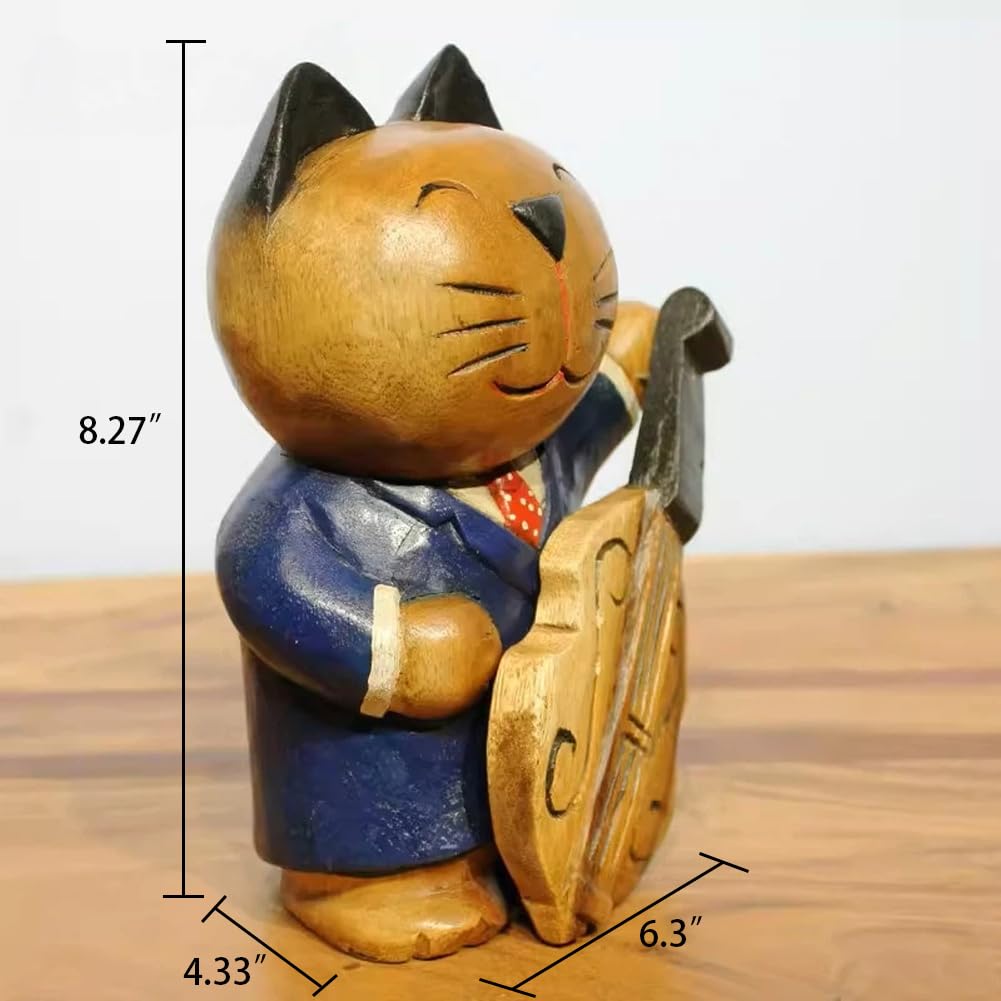 AHZGBL Wooden Cat Figurine, Hand Carved Solid Wood Cat Statue from Thailand, Whimsical Home Decor for Living Rooms, Restaurants, Bars, Cafes, Music-Themed Cat Collectibles (Cello Cat)